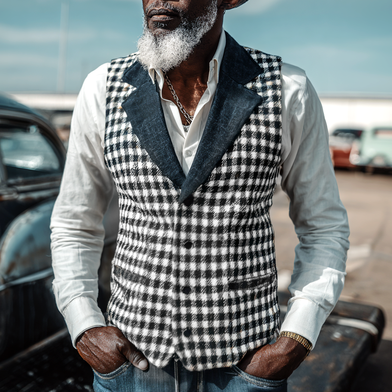 Mens Check Splicing Denim Notch Lapel Single Breasted Casual Vest MTA0898I5Z