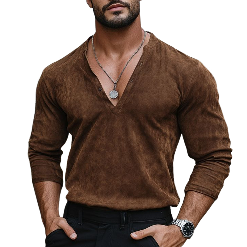 Men's Solid Suede V Neck Long Sleeve T-shirt MTA0928G3Z