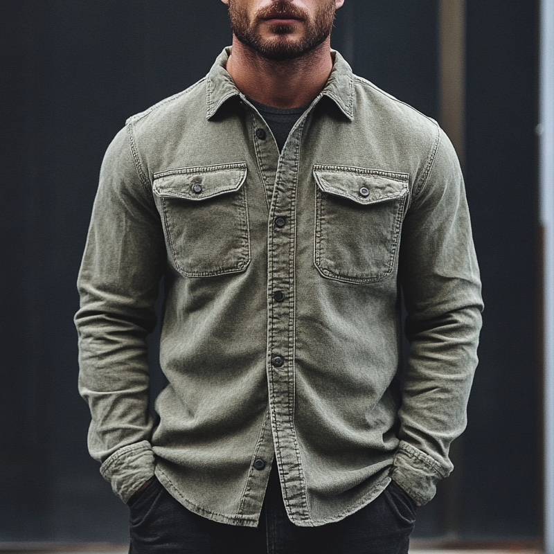 Men's Retro Washed Cotton Collared Long-Sleeve Shirt MTA0133L5X