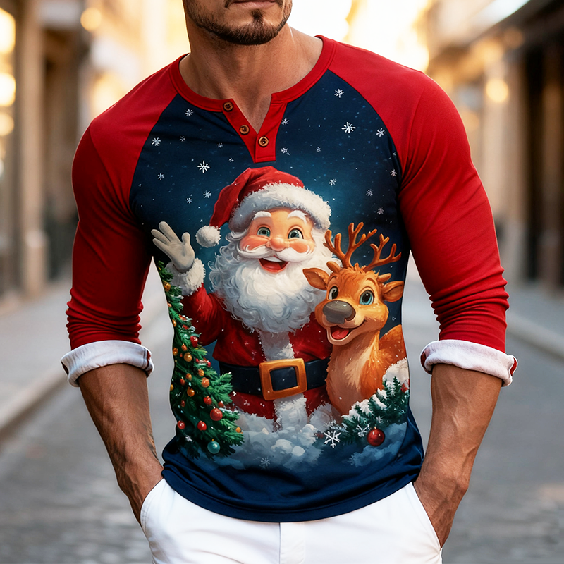 Men's Retro Casual Christmas Reindeer Print Henley Collar Long Sleeve T-shirt MTA0554K6TO