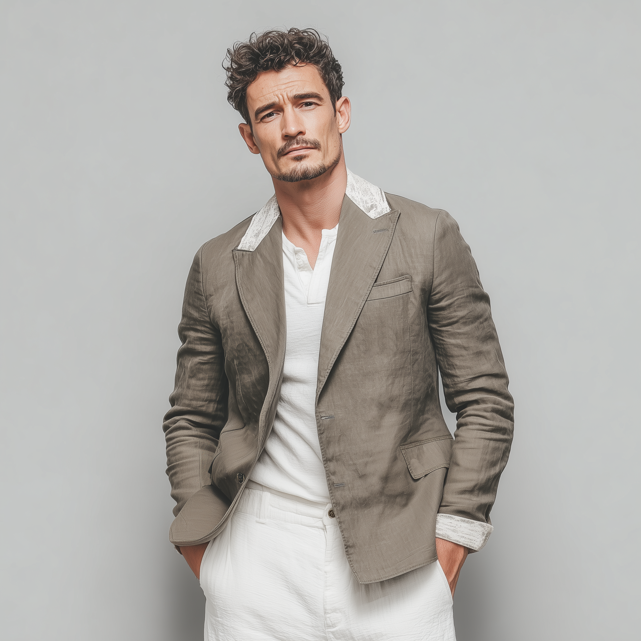Men's Stylish Casual Cotton And Linen Blend Collar And Cuffs Lace Single-breasted Blazer MTA2546G1K