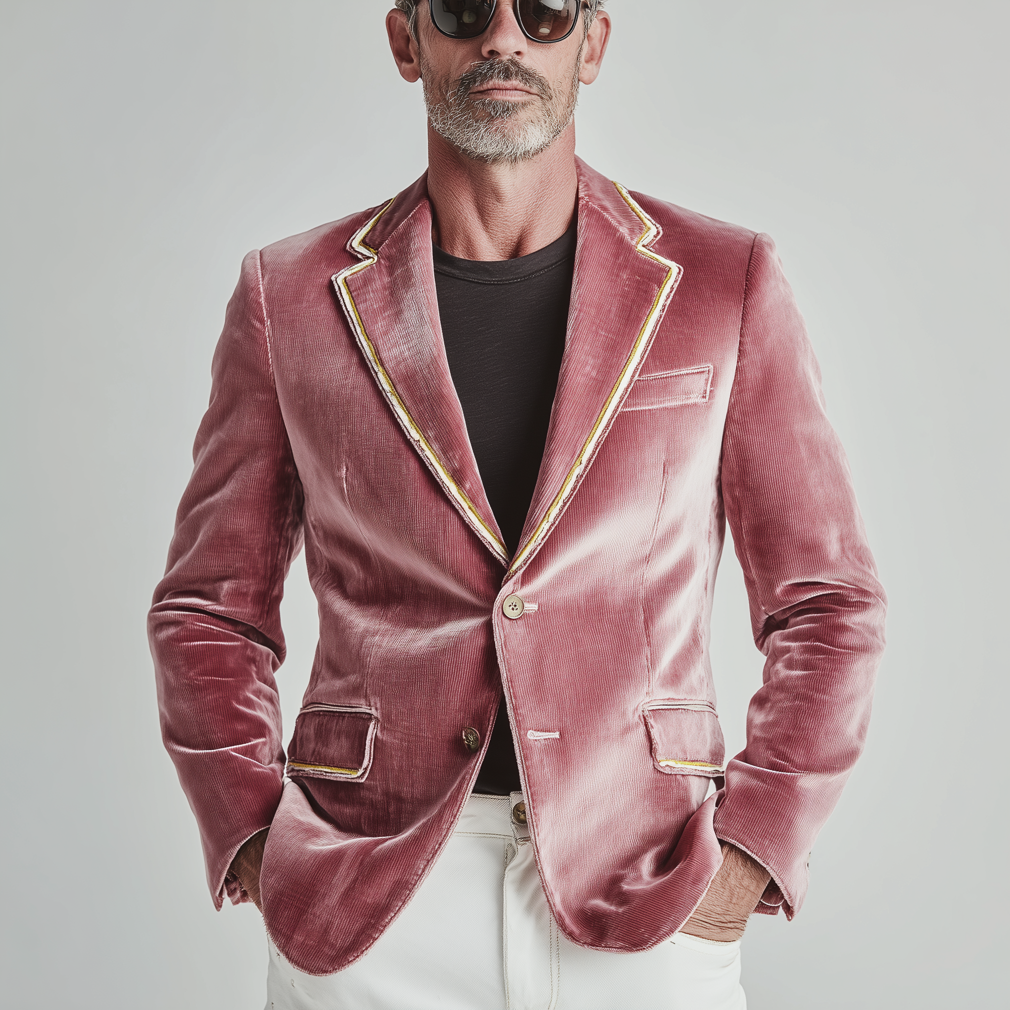 Men's Classic Formal Party Wear Decorative Ribbon  Slim Fit Pink Corduroy Single Breasted Blazer MTA1587H7K