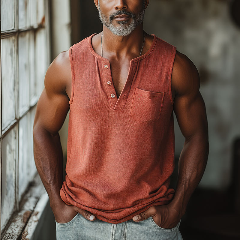 Men's Summer Fashion Waffle Cotton Blend Henley Neck Tank Top MTA2636F3P