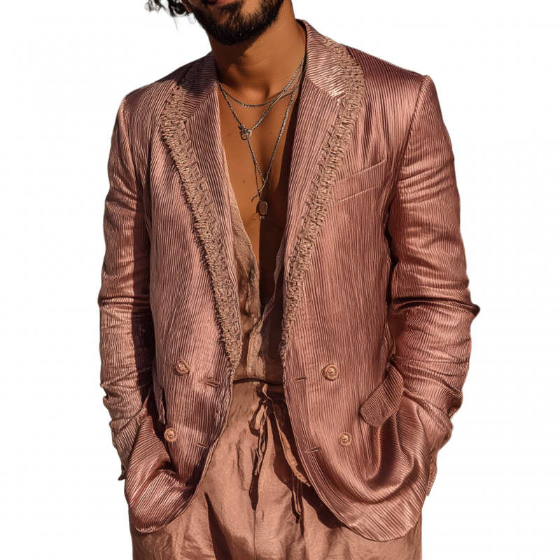 Men's Casual Glossy Striped Tassel Patchwork Notch Lapel Double-breasted Slim-fit Blazer MTA1725G5M
