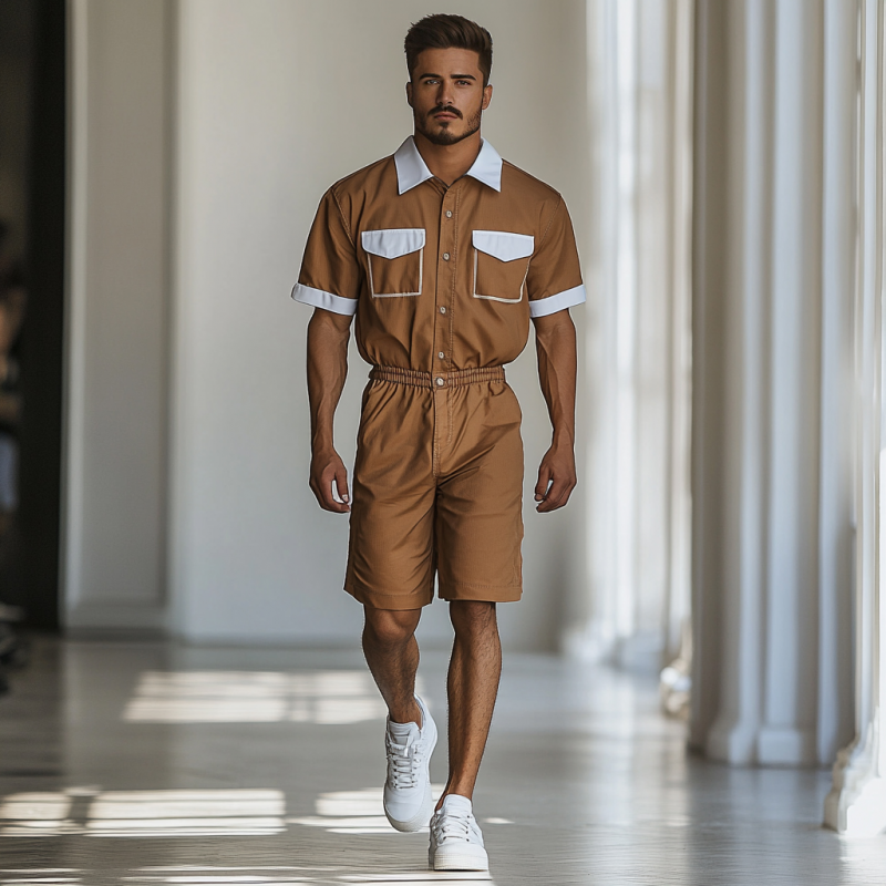 Men's Casual Cotton Blend Colorblock Lapel Chest Pocket Short Sleeve Shirt Shorts Slim Jumpsuit MTA2671E7M