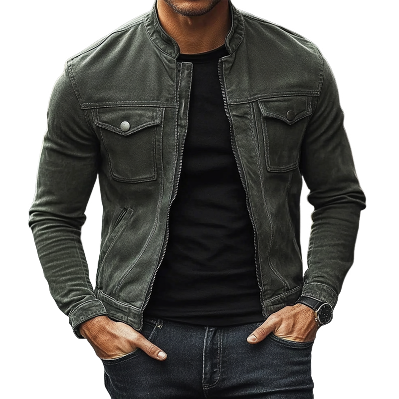 Men's Vintage Washed Stand Collar Zipper Slim Fit Jacket MTA1875I1X
