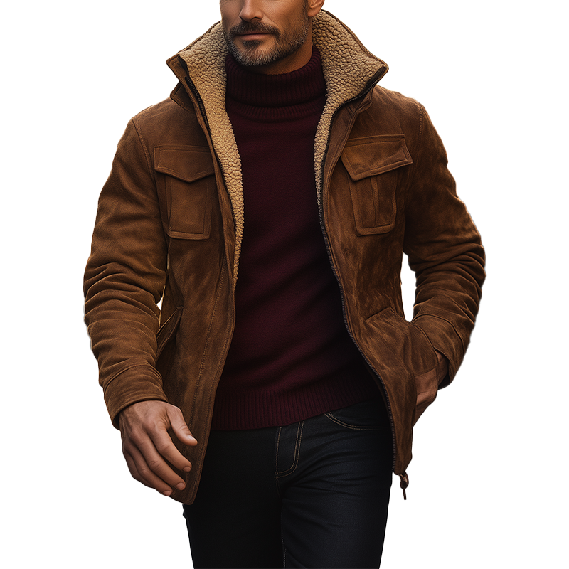 Men's Winter Retro Faux Suede Fleece Lined High-Neck Warm Jacket MTA0108K1P