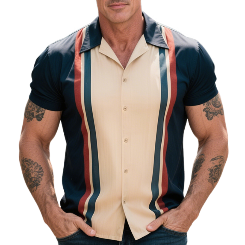 Men's Retro Casual American Style Street Print Lapel Bowling Short Sleeve Shirt MTA1449E6TO