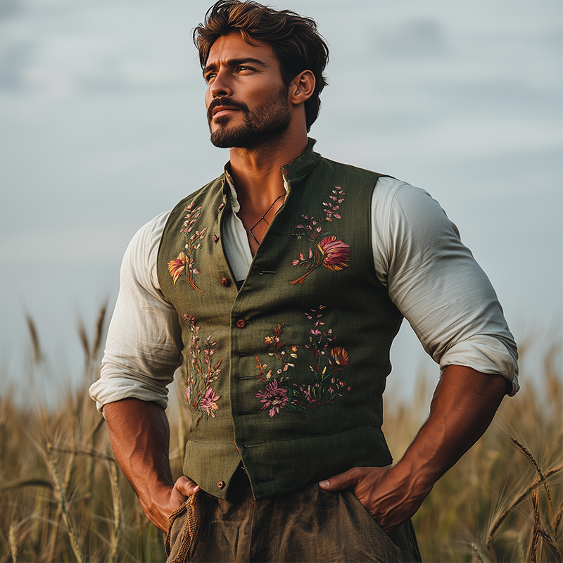 Men's Summer Fashion Embroidered Slub Linen Sleeveless Vest MTA3035F9P