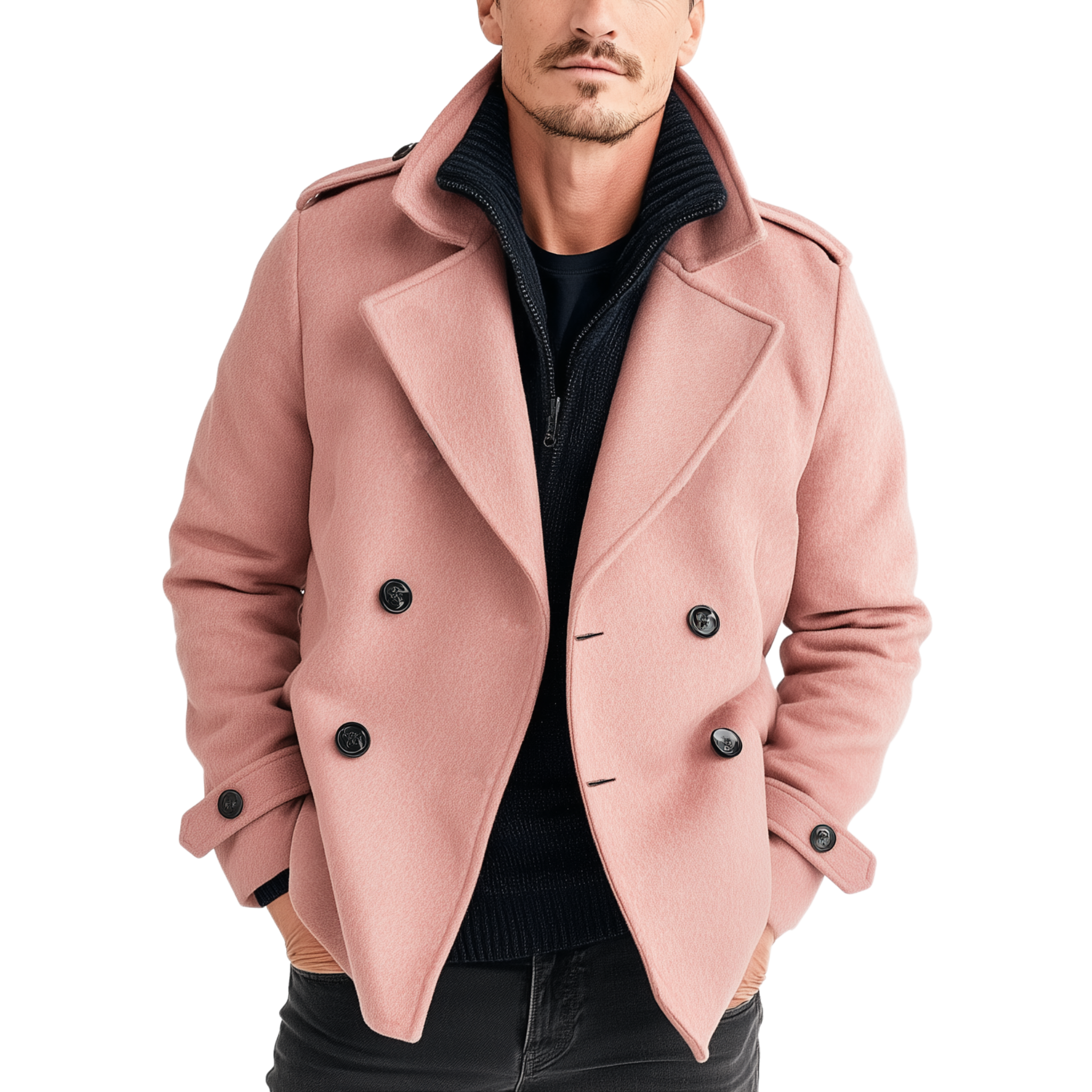 Men's Classic Retro Lapel Epaulettes And Cuffs Pink  Faux Wool Double-breasted Jacket MTA2691I7K