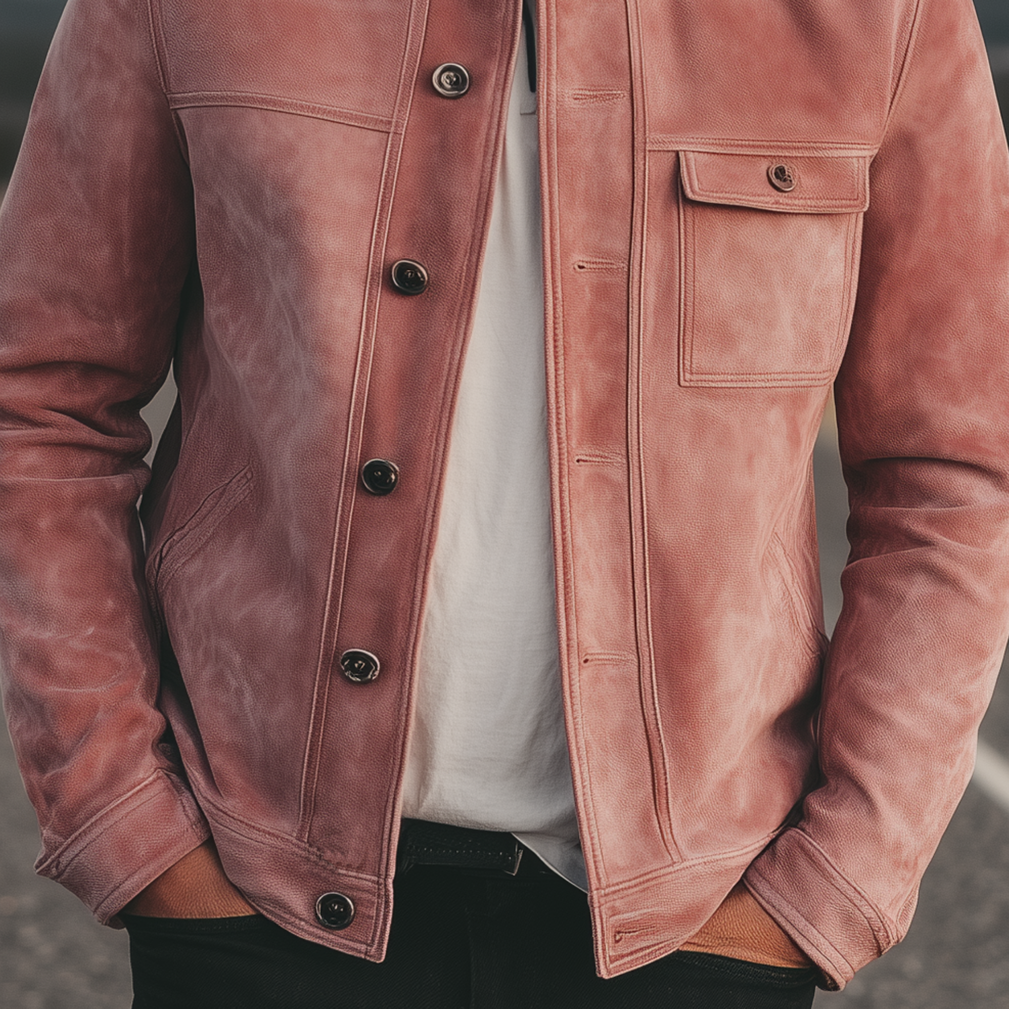 Men's Classic American Retro Stand Collar Pink Suede Placket Button Jacket MTA1883H9K
