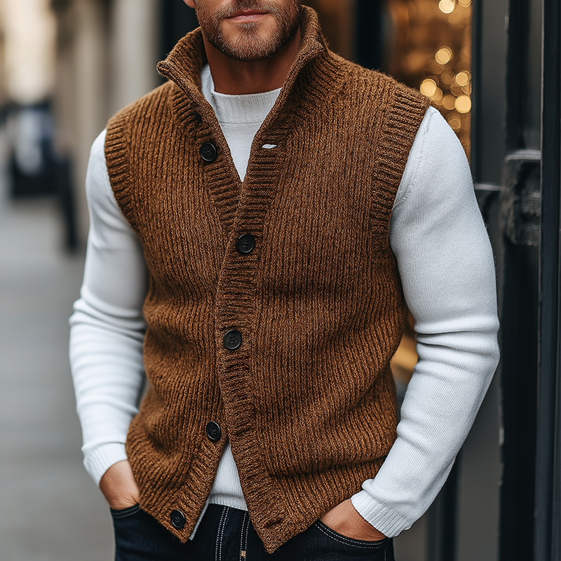 Men's Retro Casual Knitted Stand Collar Button Vest MTA0477K2TO
