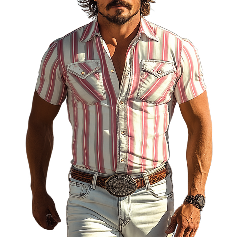 Men's Spring And Summer Fashion Casual Retro Western Cowboy Style Vertical Stripes Print Slim Fit Short Sleeve Shirt MTA2863D8K