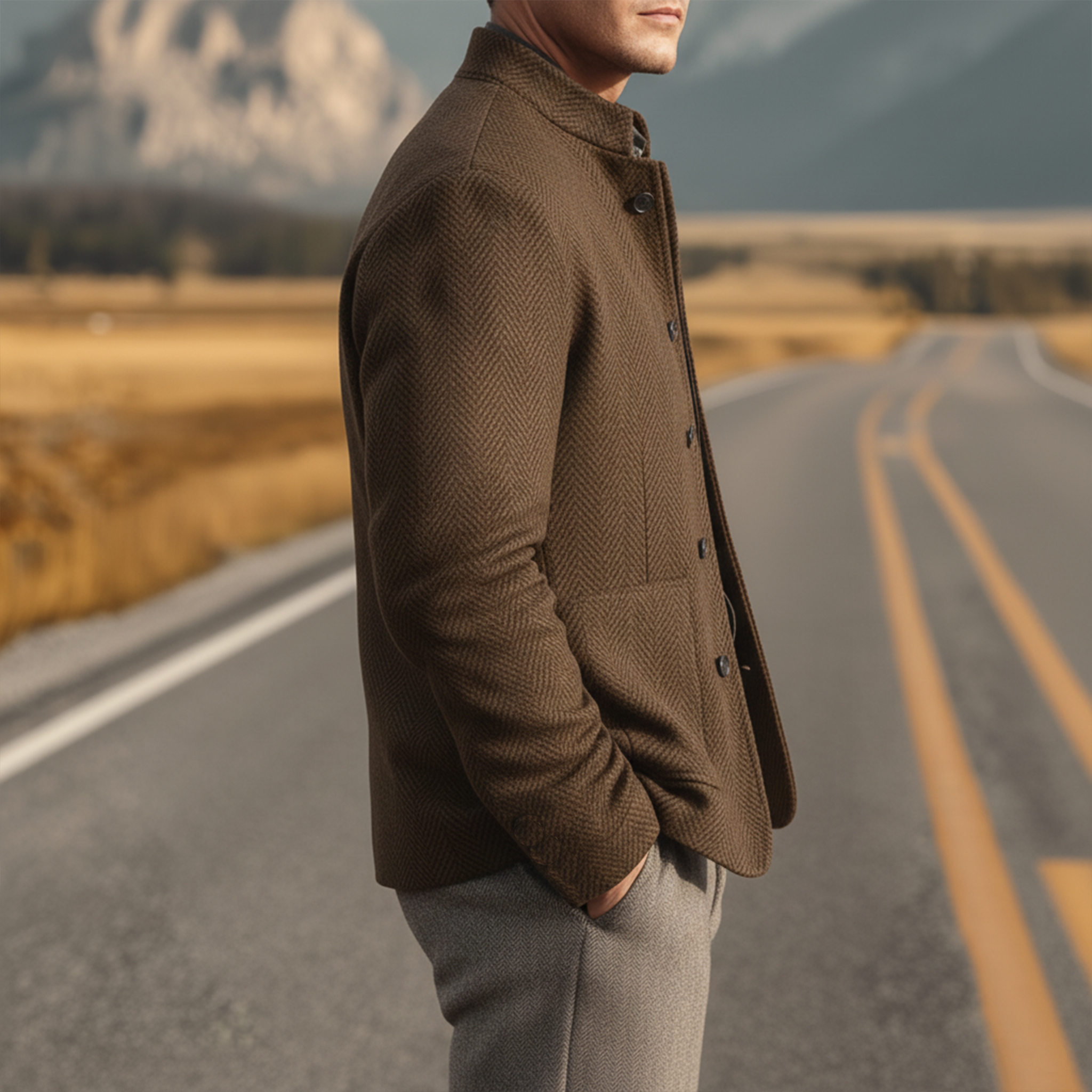 Men's Classic Casual Stand-up Collar Multi-pocket Herringbone Faux Wool Jacket MTA2241I5K