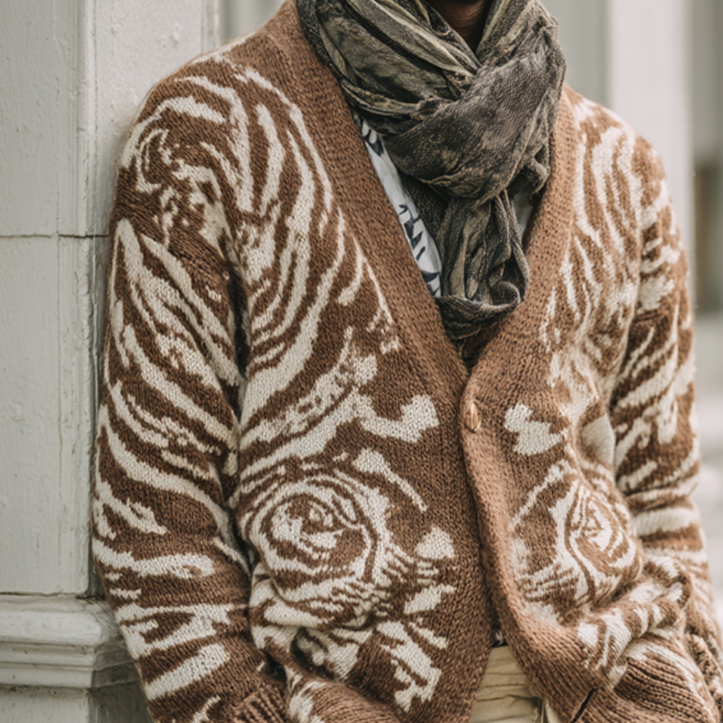 Men's Floral Pattern Knitted V Neck Single Breasted Cardigan MTA1423H4Z