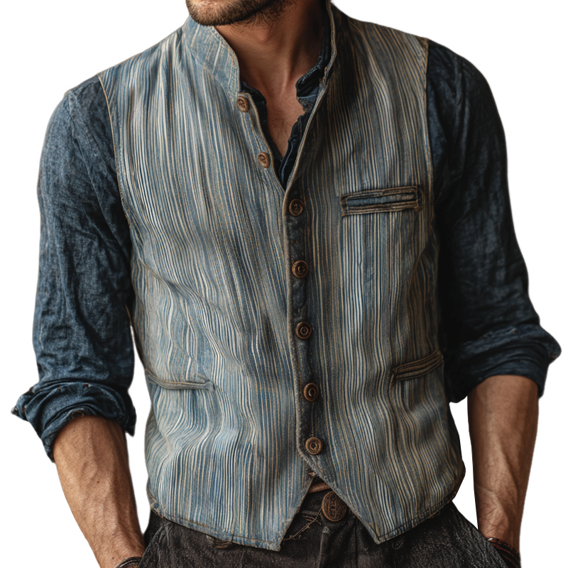 Men's Fashion Striped Denim Stand Collar Single Breasted Vest MTA2819H4Z
