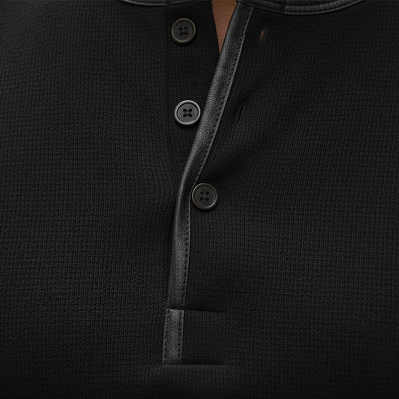 Men's Vintage-style PU Faux Leather Trimmed Long-sleeved Knitted Henley Shirt MTA2574L4P