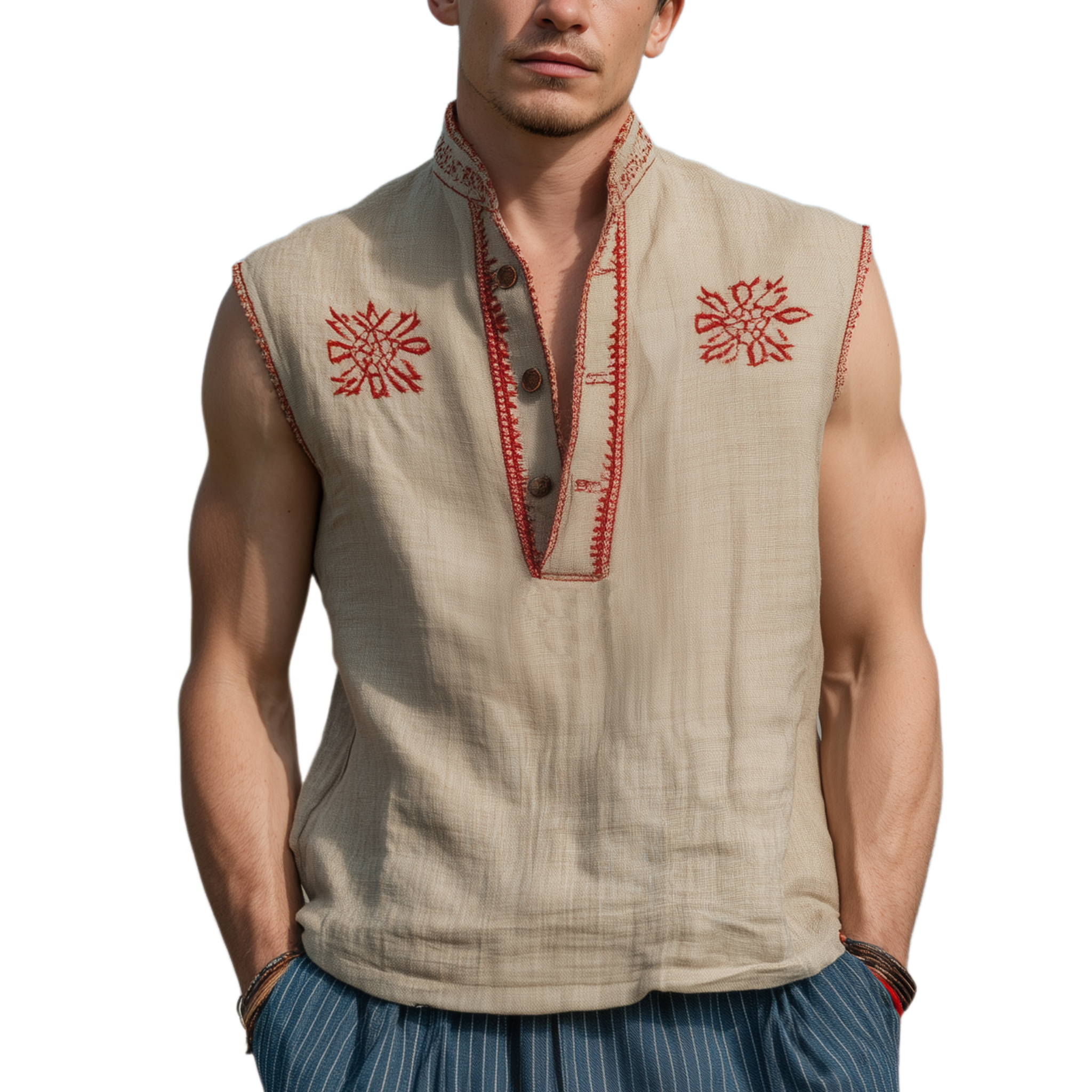 Herretopp med brodert henleykrage og løs, klassisk, vestlig stil i bomull og lin, MTA2359G1K