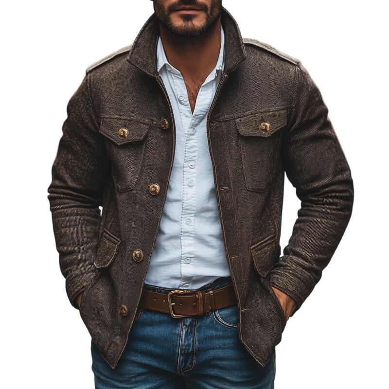 Men's Vintage Cotton Blend Lapel Single-Breasted Multi-Pocket Loose Work Jacket MTA2115H1M