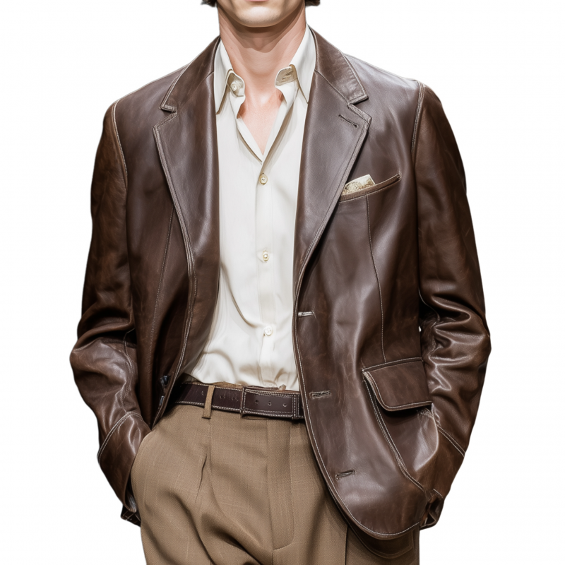 Men's Vintage Faux Leather Notched Lapel Single-Breasted Loose Fit Blazer MTA2986G5M