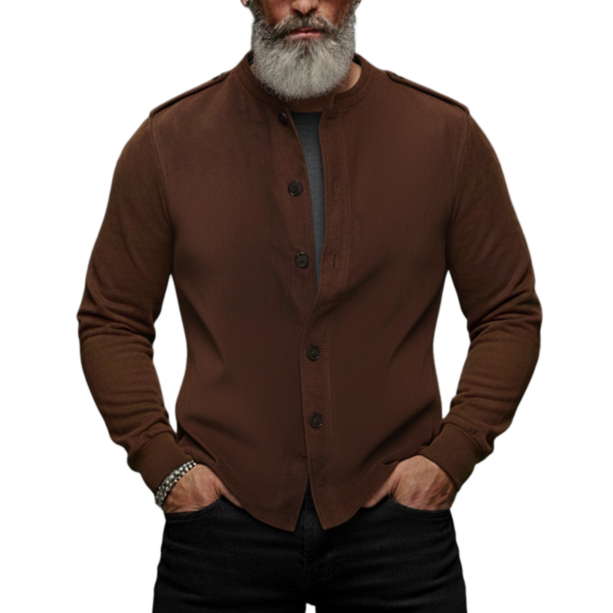 Men's Classic Vintage Stand-collar Epaulet Faux Suede Long-sleeved Shirt MTA1705L4K