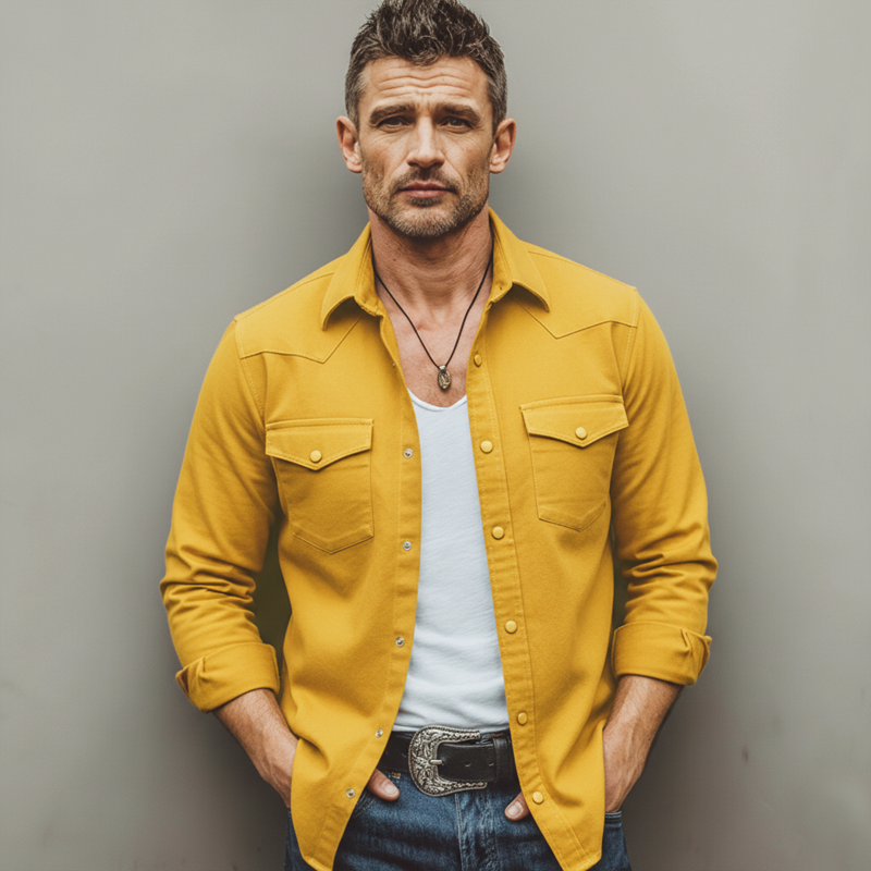 Men's Classic Mustard Yellow 100% Cotton Twill Long-sleeved Shirt MTZ0364B1U