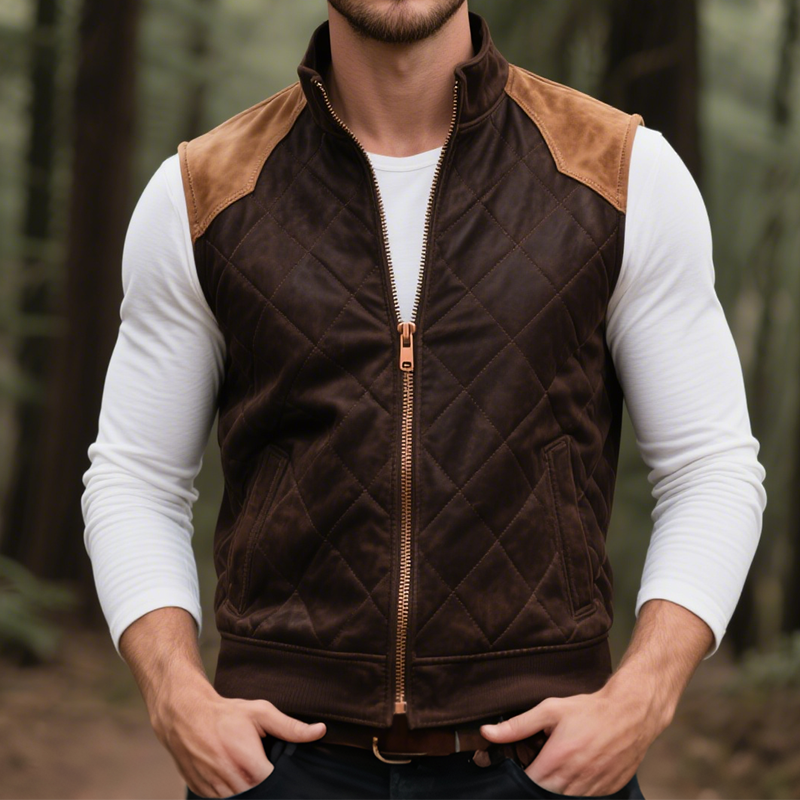 Men's Retro Casual Western Style Diamond Check Stand Collar Zipper Vest MTA1439H8TO