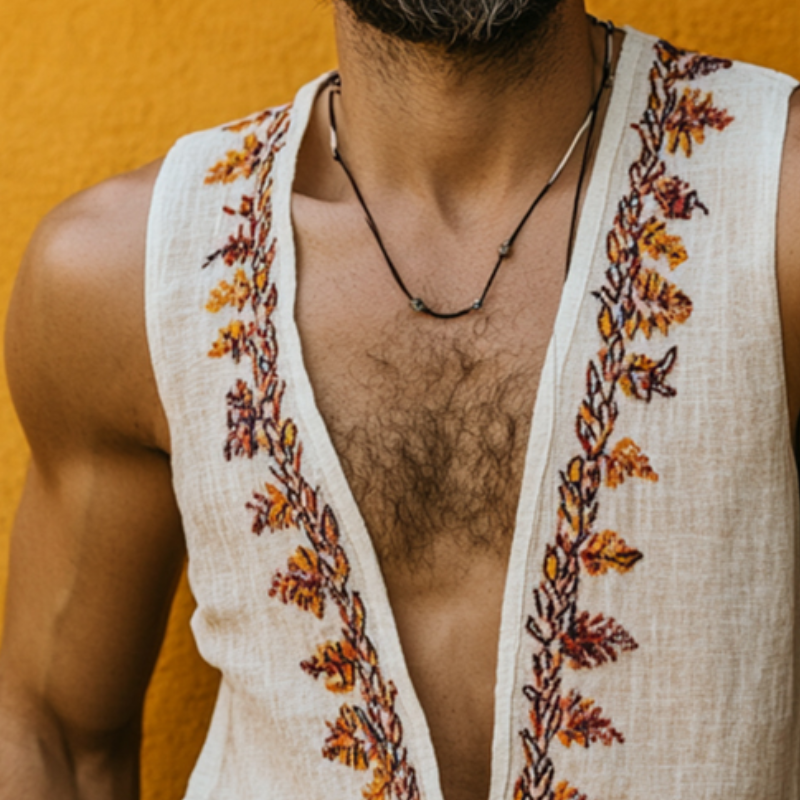 Men's Retro Casual Ethnic Style Printed Linen V-Neck Tank Top MTA0663E6TO