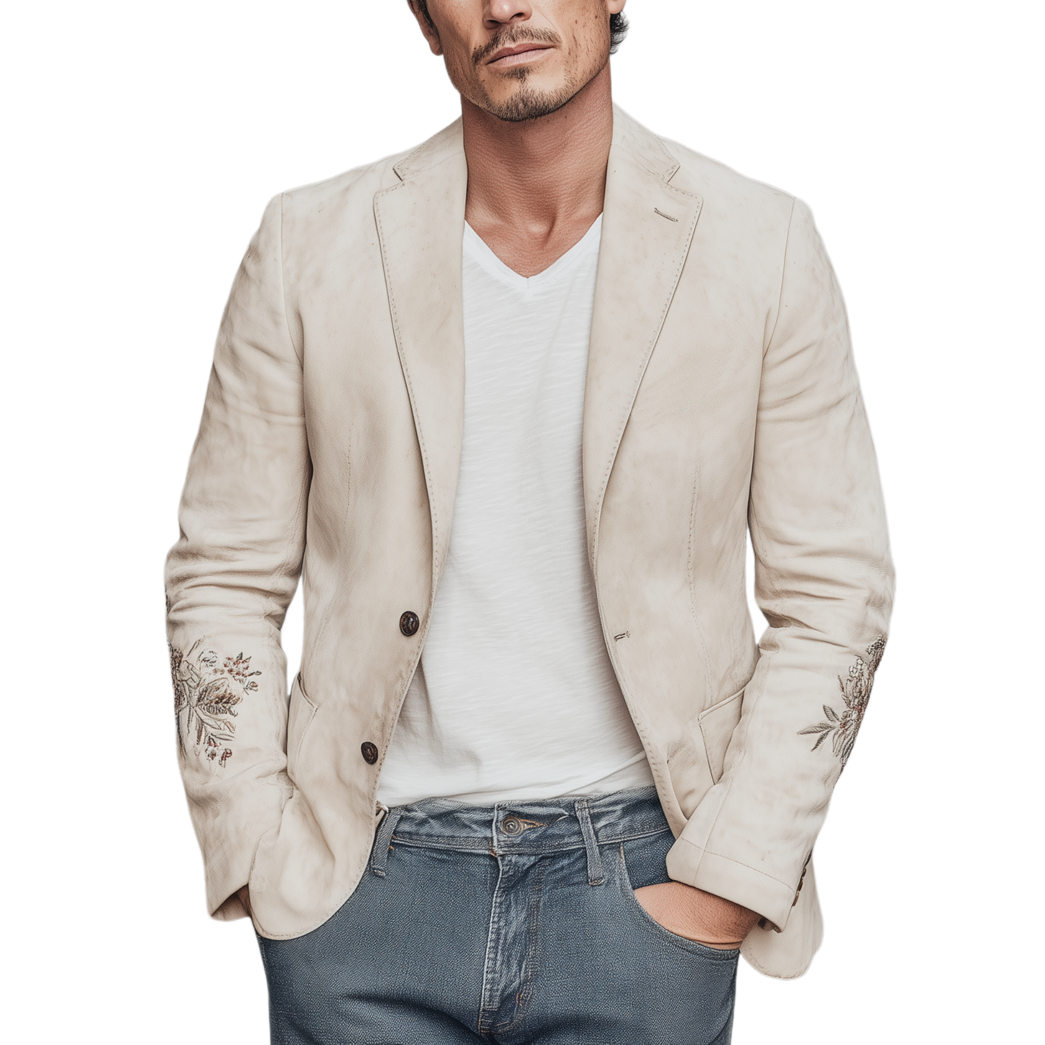 Men's Spring Fashion Casual Solid Color Thin Suede Cuff Embroidery Single Breasted Blazer MTA1848G4K