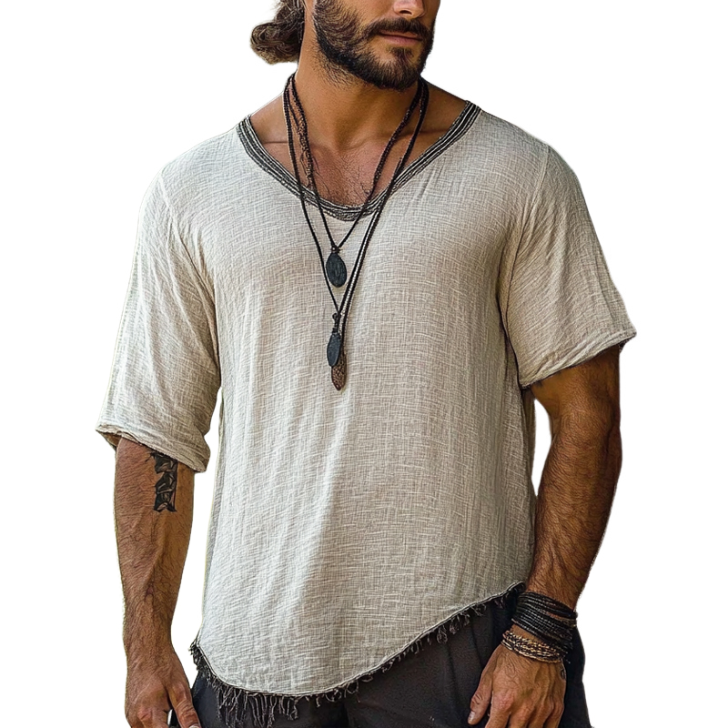 Men's Vintage V Neck Tassel Short Sleeve T-Shirt 82664012X