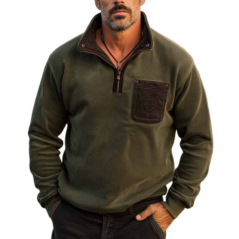 Men's Retro Stand Collar Corduroy Colorblock Embroidered Sweatshirt MTA1372H1U