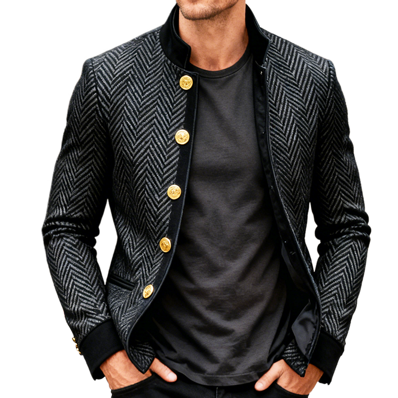 Men's Retro Casual Herringbone Velvet Patchwork Stand Collar Jacket MTA2497K4TO