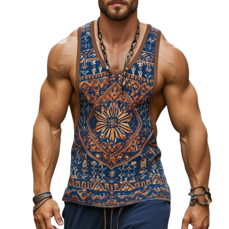 Men's Retro Casual Ethnic Style Geometric Print Round Neck Tank Top 99953934TO