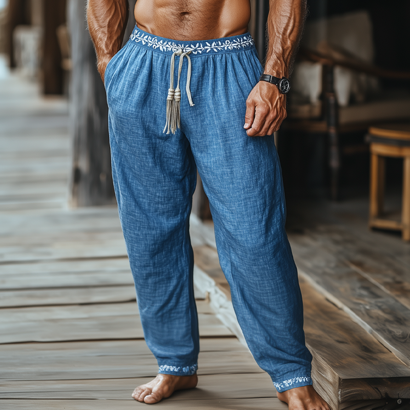 Men's Fashion Casual Waist And Hem Printed Cotton And Linen Elastic Waist Pants MTA0335F6K