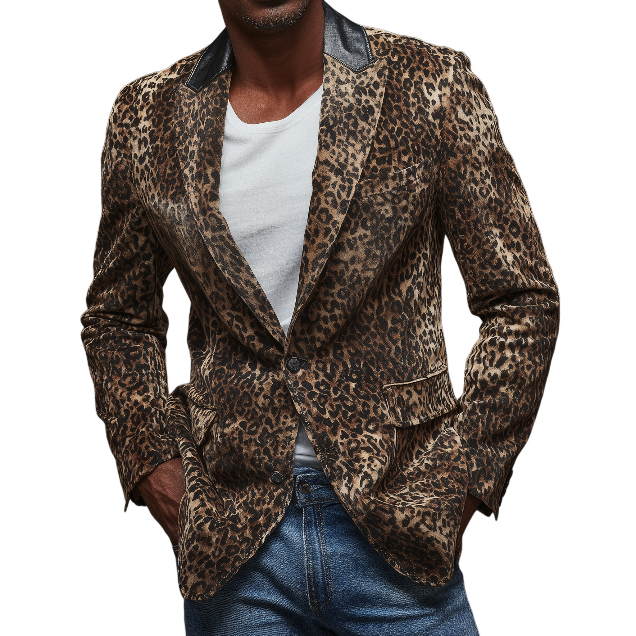 Men's Classic Retro Leopard Print Suede Collar Splicing PU Leather Single-breasted Slim-fit Blazer MTA0612H3K