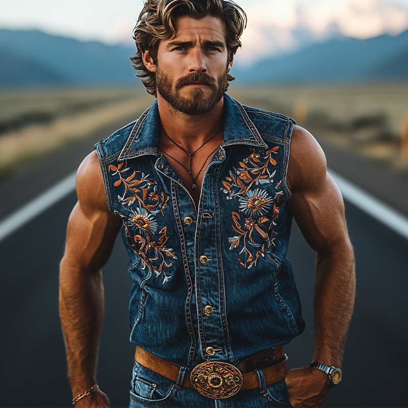 Men's Summer Fashion Retro Western Cowboy Style Denim Embroidery Sleeveless Shirt MTA2846D4K