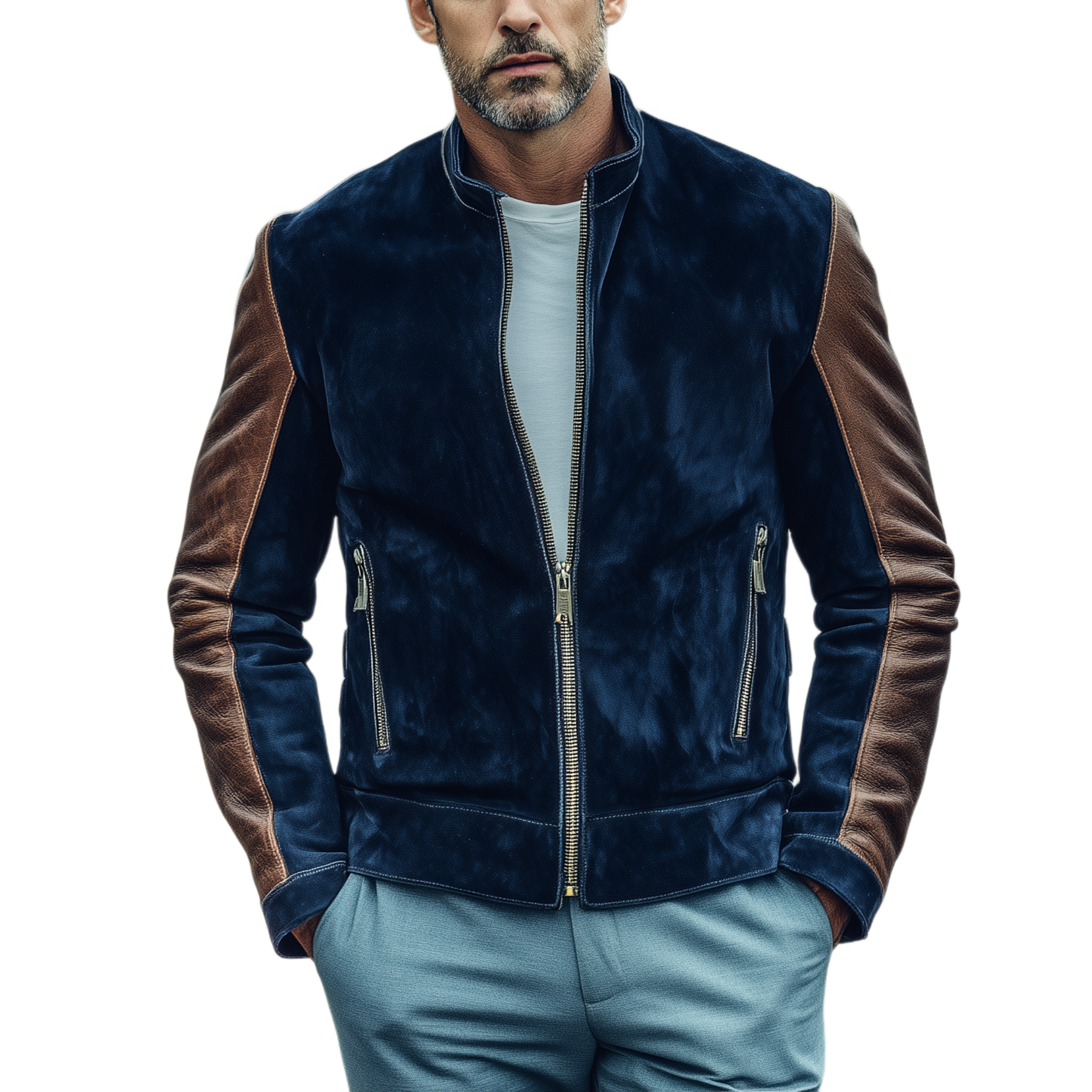 Men's Classic Retro Stand-up Collar PU Leather Zipper Suede Jacket MTA0239I5K