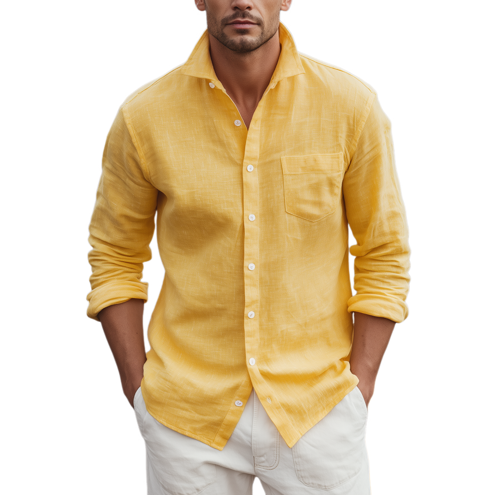 Men's Classic Casual Lapel Cotton And Linen Blend Slim Fit Long Sleeve Shirt MTA0428H7K