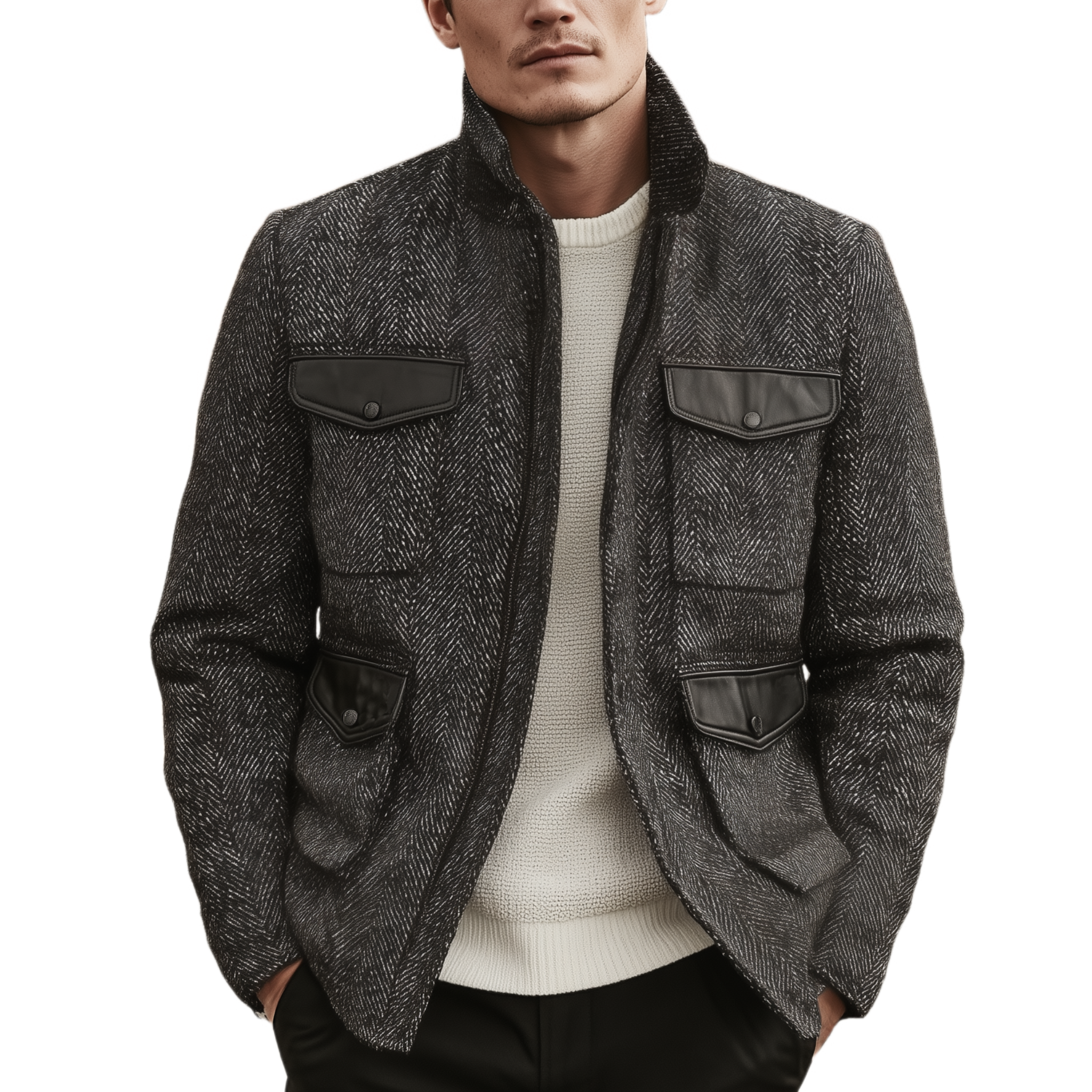 Men's Classic Casual Stand-up Collar Pocket Stitching PU Leather Zipper Herringbone Jacket MTA1525I9K