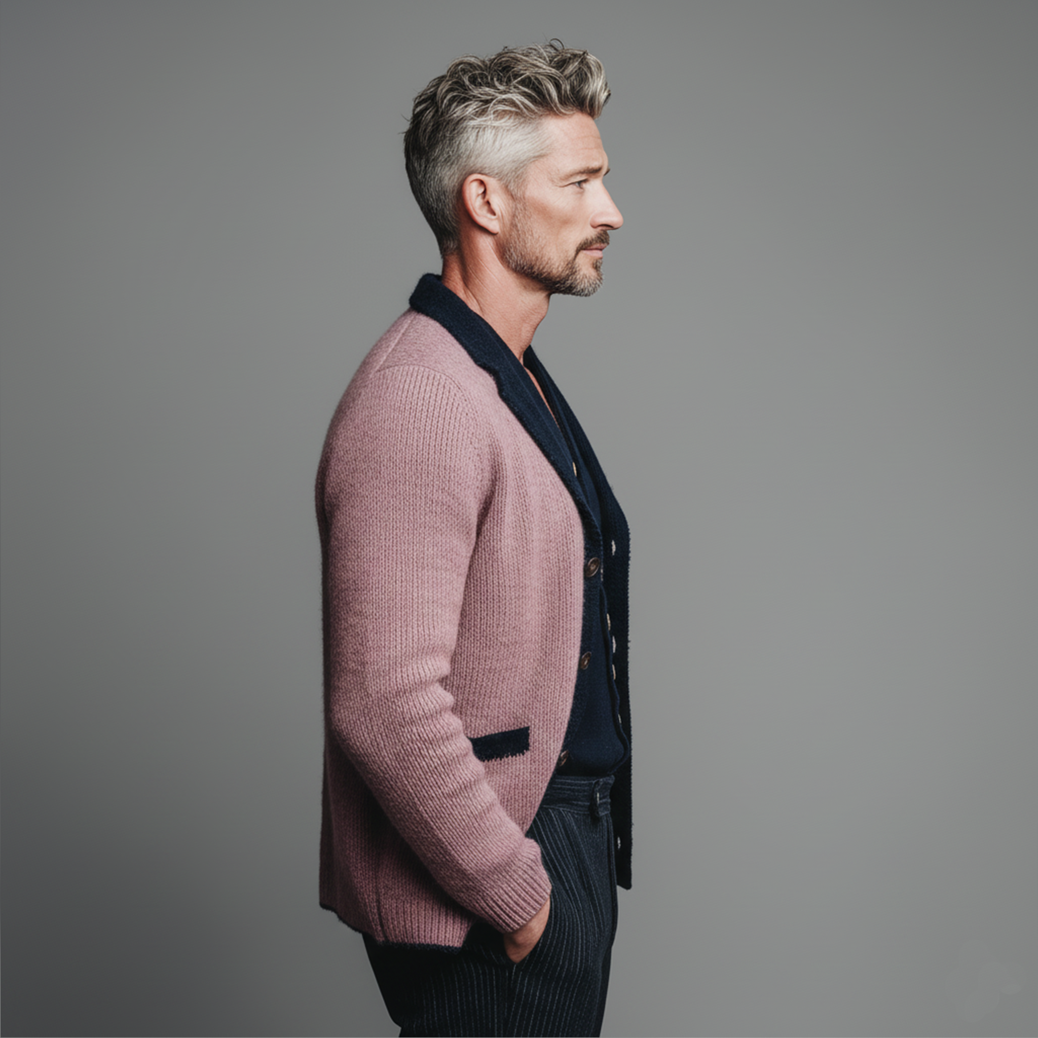 Men's Classic Casual Lapel Pink And Navy Blue Knitted Cardigan MTA2618I0K