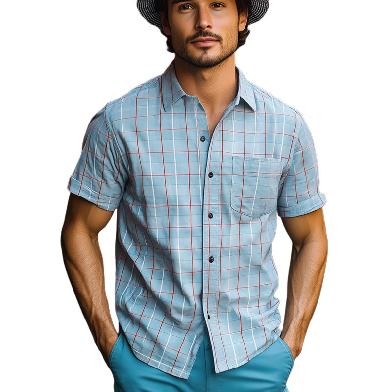 Men's Summer Basic Blue Plaid Short Sleeve Shirt MTA2642E1U