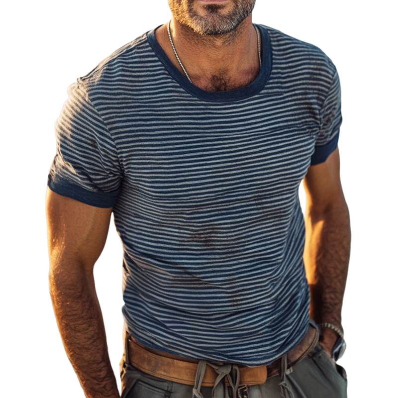 Men's Retro Casual Shabby Striped Printed Round Neck Short Sleeve T-Shirt MTA2768E8TO