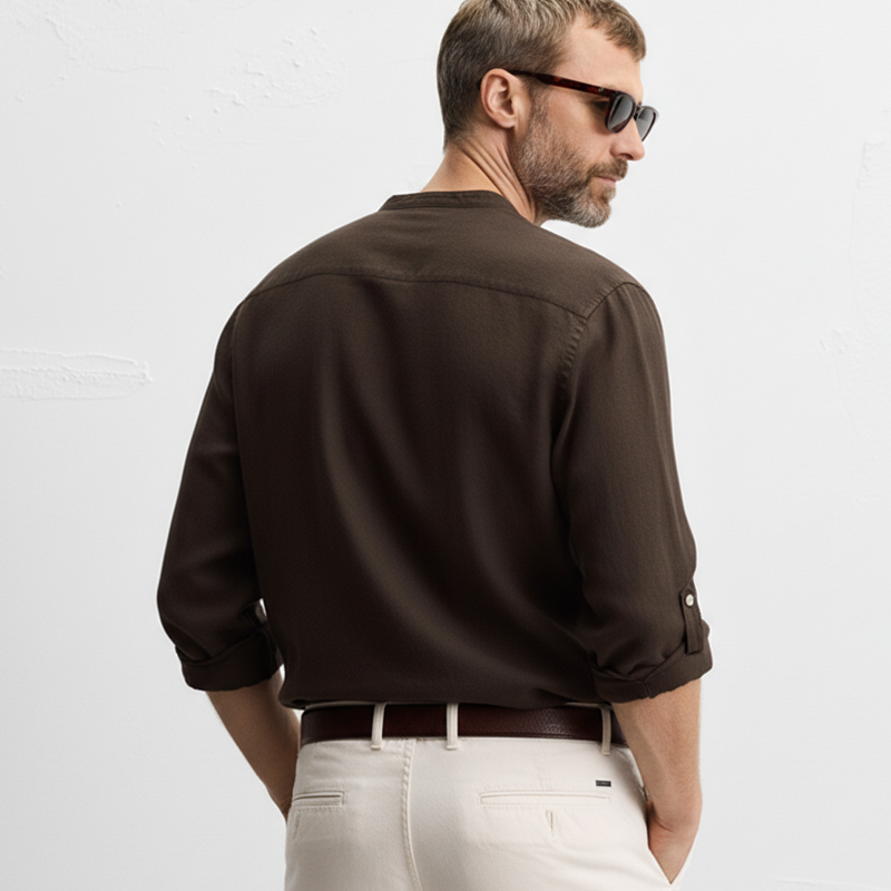 Men's Classic Dark Brown Cotton And Linen Long-sleeved Shirt MTZ1207B2U
