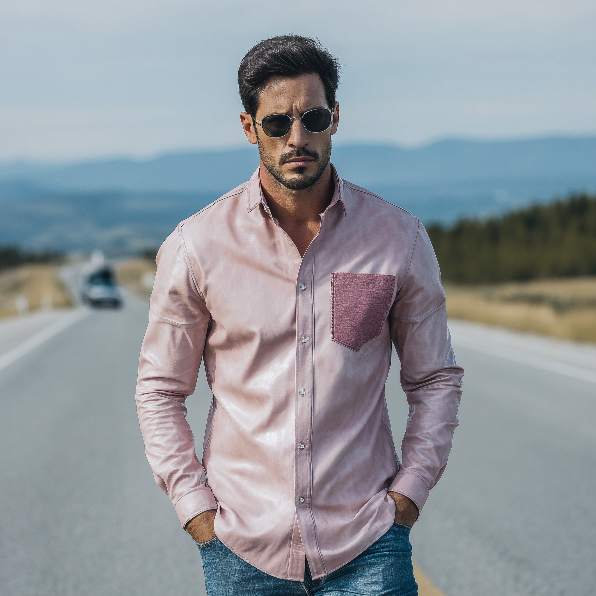 Men's Classic Casual Pocket Suede Slim Fit Pink Pu Leather Long Sleeve Shirt MTA1546H7K