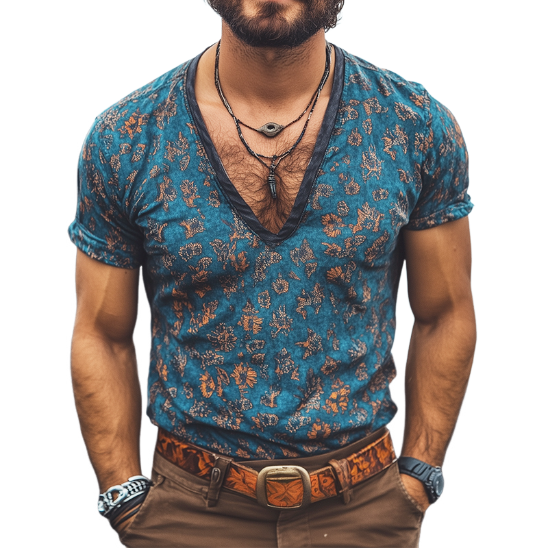 Men's Retro Casual Floral Print V-Neck Short Sleeve T-Shirt 90789168TO