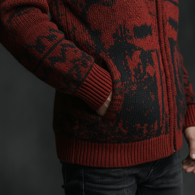 Men's Winter Retro Contrast Color Knitted Jacquard Cotton Yarn Hooded Cardigan MTA2351J3P