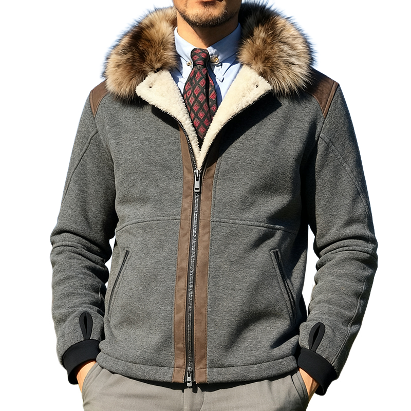 Men's Retro Casual Fur Collar Zippered Fleece Jacket MTA1661J7TO