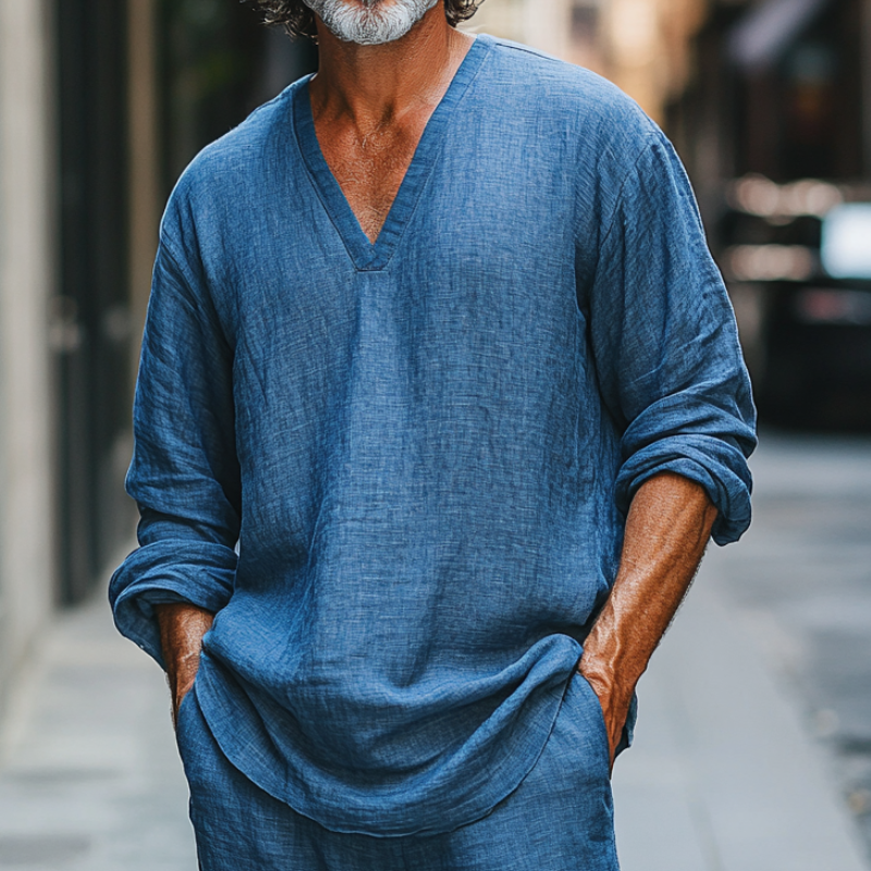 Men's Casual Deep V-neck Blue Linen Long-sleeved T-shirt 32776874F