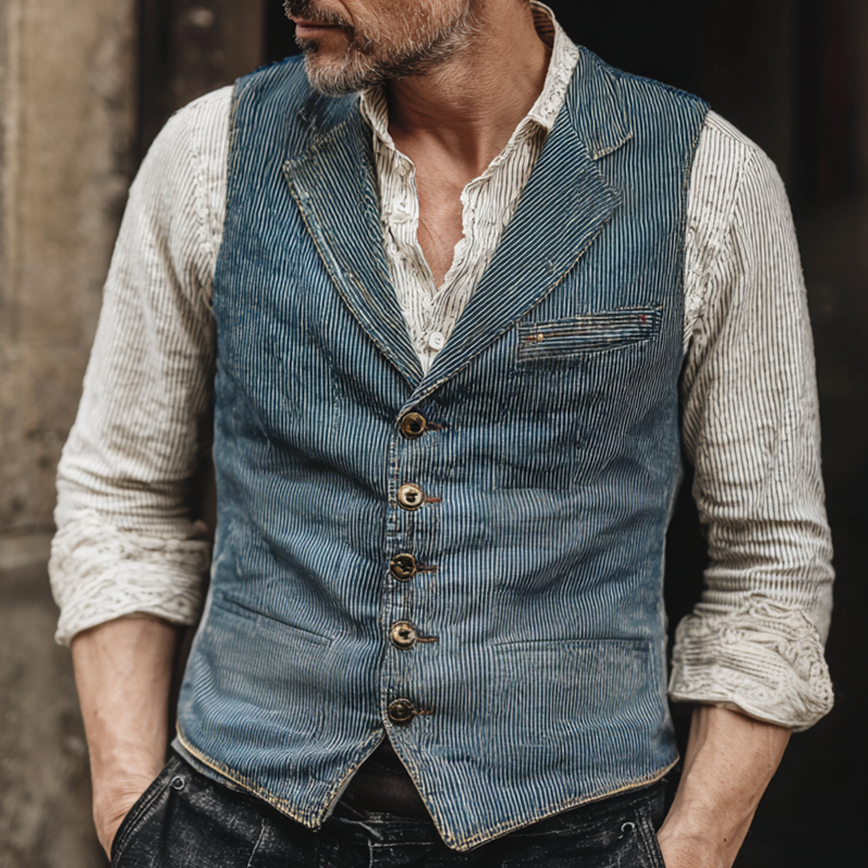 Men's Washed Striped Denim Notch Lapel Single Breasted Vest MTA2879H7Z