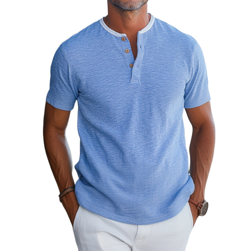 Men's Casual Cotton Blend Colorblock Henley Collar Slim Fit Short Sleeve T-Shirt MTA0879E9M